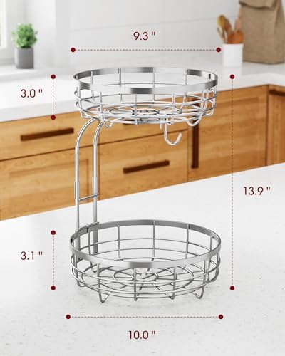 Sakugi Fruit Basket for Kitchen Counter - 2-Tier Large Capacity Fruit Bowl with Detachable Banana Hanger, Rust-Proof Metal Fruit Holder for Vegetables, Bread, Toiletry,10" D x 10" W x 14" H, Silver.