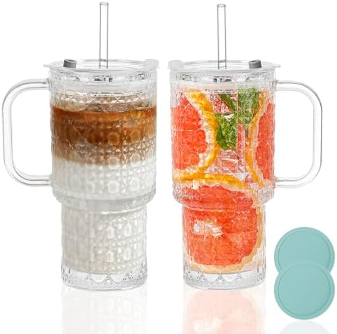 17oz Water Glass Tumbler with Handle & Lid Coasters, Reusable Iced