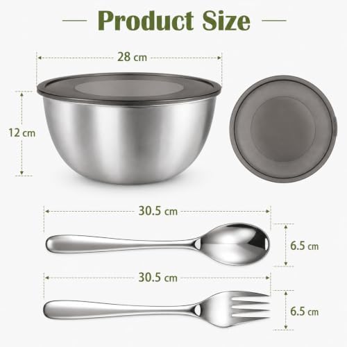 Salad Bowl Set, Stainless Steel Mixing Bowl with Lid, Dishwasher Safe