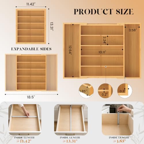 Bamboo Silverware Organizer, Expandable Bamboo Kitchen Drawer Cutlery Organizer, 18.5"x13.3" Flatware Organizer Tray, Utensil Holder