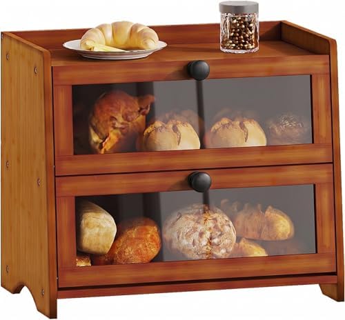 BAMBANG Bread Box for Kitchen Countertop, Extra Large Bamboo Bread Storage Container for Homemade Bread, Double Layer Sourdough Breadox, Bread Bin Organizer for Counter Cabinet Pantry, Brown