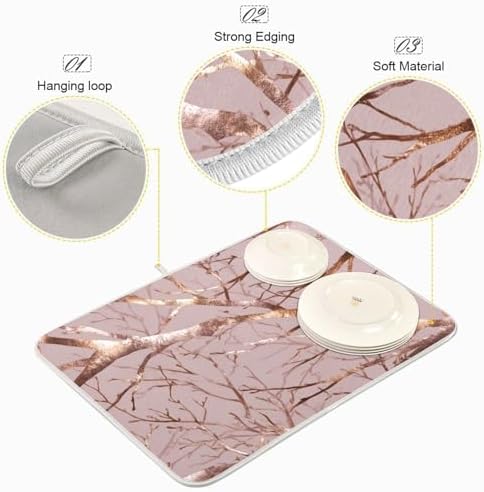 OTVEE Blush Branch Art Dish Drying Mat for Kitchen Counter Absorbent