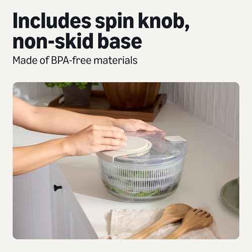 Amazon Basics Salad Spinner with Non-Skid Base and Spin Knob, Removable Basket Colander, 4.2 qt., BPA-Free, Linen Gray