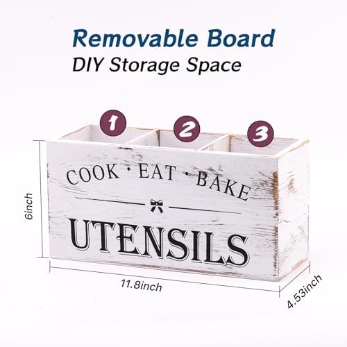 Kitchen Utensil Holder for Counter or Countertop, Extra Large Wood Organizer with 3 Compartments, Wooden Storage for Cooking and Silverware, Rustic Minimalist Decor, Sturdy Utensil Crock-White