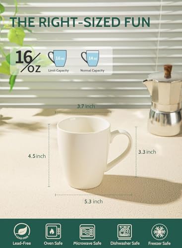 Sweese Porcelain Coffee Mugs - 16 Ounce - Set of 6, Cups for Latte