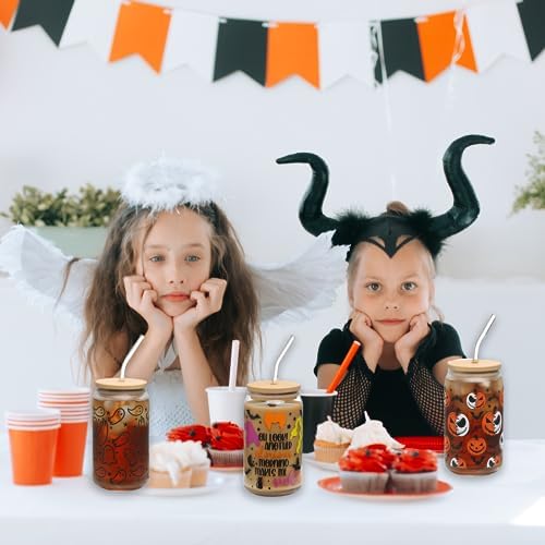 Halloween Glass Cups Witch Drinking Glass Cup with Lid and Straw 16oz