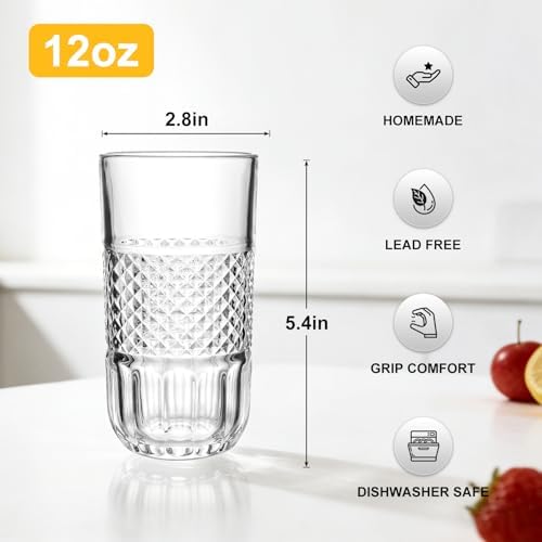 Highball Glasses Set of 6, 12oz Crystal Drinking Glasses, Water Glass