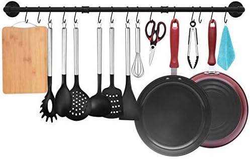 TLBTEK 50 inch Black Pipe Pot Bar Rack Wall Mounted Detachable Pans Hanging Rail Kitchen Lids Utensils Hanger Holders with 15 S Hooks