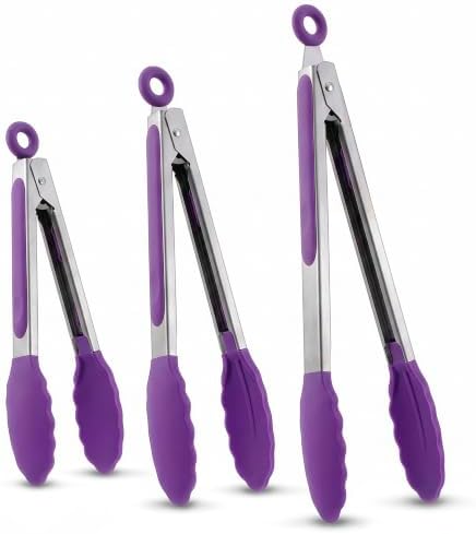 Kitchen Tongs Set, 3-Piece, 7/9/12-Inch, Purple