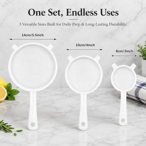 Skyley 3 Pcs Plastic Nylon Mesh Kefir Fine Strainer Set, 3 In, 4 In