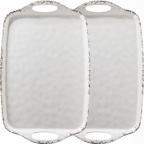 Farmhouse White Melamine Serving Tray with Handles, Set of 2