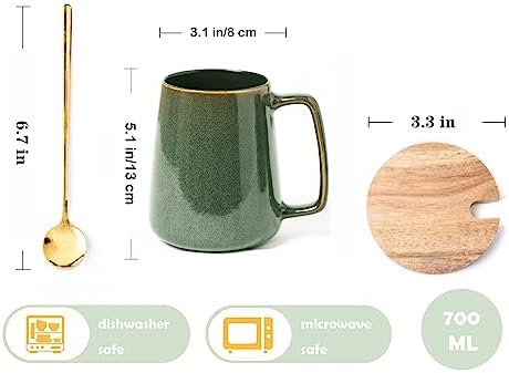 Large Ceramics Coffee Mugs,24 OZ,With Spoon And Wooden Lid,For