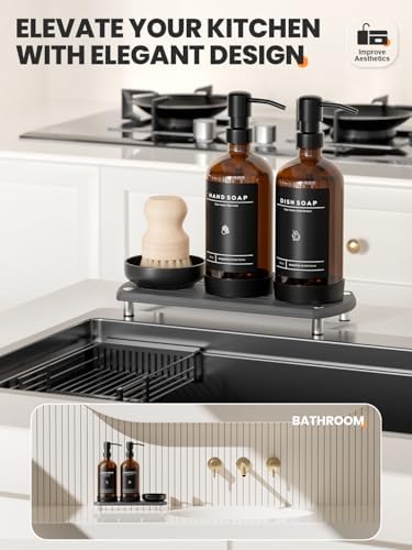 Kitchen Soap Dispenser Set, 16OZ Amber Glass Bottle