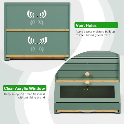 HOLTICO Roll Top Bamboo Bread Box with Cutting Board for Kitchen, Green