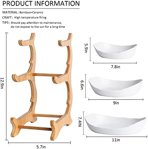 Liywall - 3 Tier Ceramic Fruit Bowl With Bamboo Wood Stand for Kitchen Counter,Porcelain Fruit Basket for Vegetable Storage,Snack Dessert Cake Tray Plate Rack for Party Wedding - White