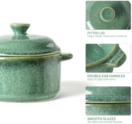 Henten Home Ceramic 8.5 oz Mini Cocotte, Casserole with Lid Set of 4