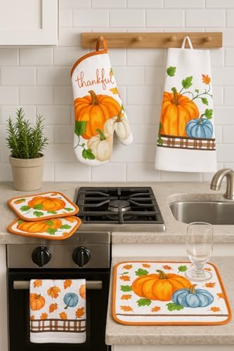 6-Piece Fall Pumpkin Kitchen Set – 2 Dish Towels, 2 Pot Holders, 1