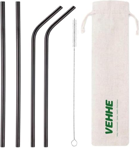 VEHHE Black Metal Straws, Stainless Steel Reusable Straws Set with
