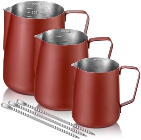 Maxdot 3 Pack Milk Frothing Pitcher Stainless Steel with Scale, Claret