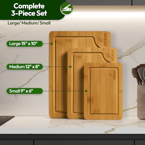 BH&DT Bamboo Cutting Board Set of 3 with Juice Grooves and Built-In