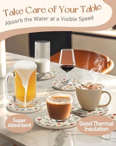 Absorbent Cup Coasters Set of 6 with Holder, Mushroom Leaf