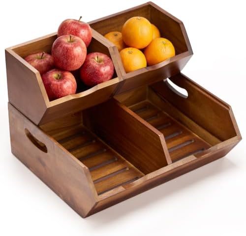 Tidita Wood Potato and Onion Storage Bin, Set of 3, Stackable, Walnut