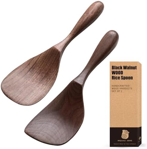 Black Walnut Wooden Cooking Spoons Set - 1 Flat + 1 Angled Rice