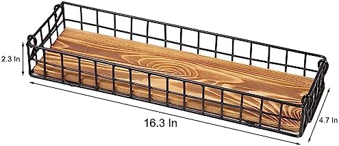 Rustic Torched Brown Wood Serving Tray Industrial Metal Wire Frame