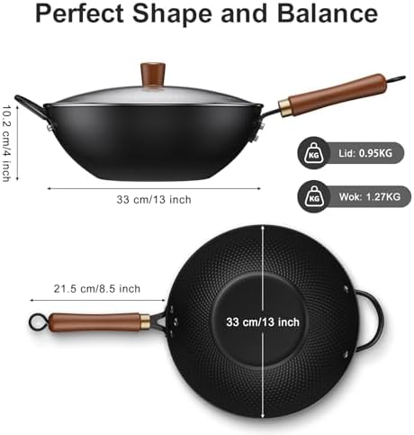 Todlabe Wok with Lid, 13 Inch Carbon Steel Woks & Stir-fry Pans Nonstick