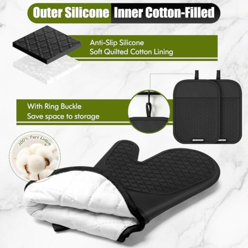 Silicone Oven Mitts and Pot Holders Set, 4 Kitchen Towels/4 Dish