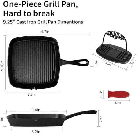 Cast Iron Grill Pan,9.25" Pre Seasoned Skillet with Pour Spouts,Silicone Handle Cover for Indoor and Outdoor Grilling,Durable Oven Safe,Stove Campfire Use(Black)