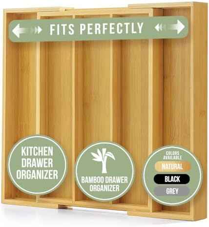 Purawood Kitchen Drawer Organizer - Expandable Utensil Drawer Organizer for Kitchen, Cutlery Tray & Silverware Organizer, 3-5 Slots - Bamboo Organizer for Utensils & Flatware (Natural)