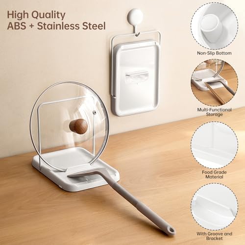 PAVSTINE Pot Lid Holder with Spoon Rest, Foldable, White