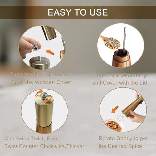 Gold Manual Salt & Pepper Grinder Set with Wooden Base