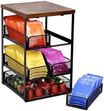 Tea Bag Organizer with 5 Drawers, Wooden & Metal Tea Storage Organizer