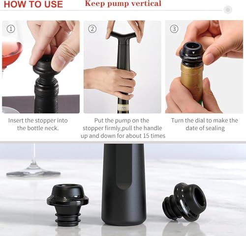 Wine Bottle Vacuum Sealer Pump Set with 4 Reusable Stoppers – Manual