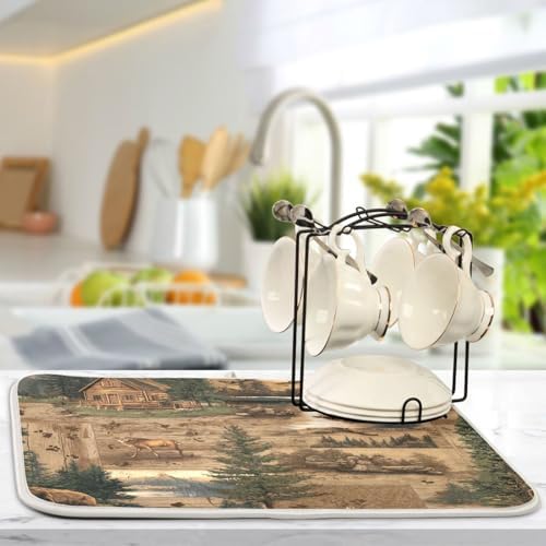 OTVEE Cabin in The Wilderness Dish Drying Mat for Kitchen Counter
