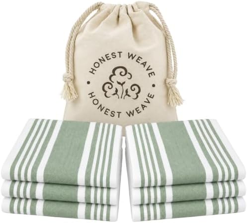 HONEST WEAVE Organic Cotton Kitchen Towels, Sage Stripe, 6-Pack, 20x30