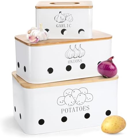 3 Pack Potato Onion Garlic Storage Set, Bamboo Lids
