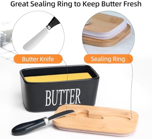 Ceramic Butter Dish with Bamboo Lid and Stainless Steel Knife Spreader