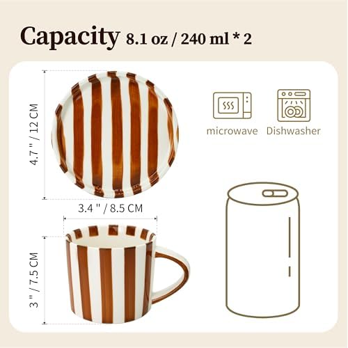 2-Pack Ceramic Coffee Mug and Saucer Set, 8 oz Hand-Painted Green