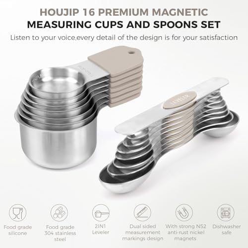 HOUJIP Magnetic Measuring Cups and Spoons Set of 16 with 2-IN-1