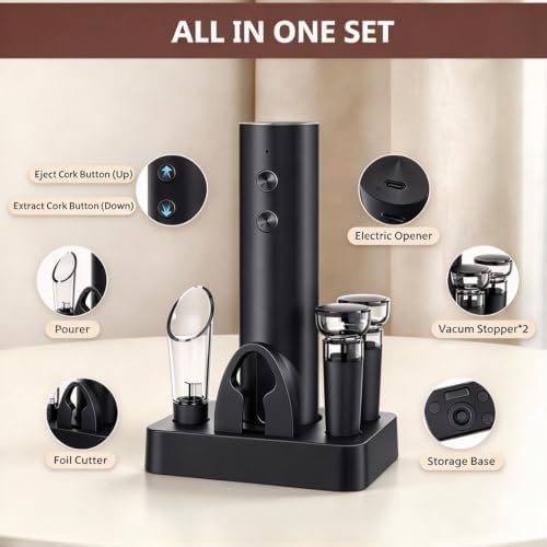 Electric Wine Opener Set, Cordless USB‐C Rechargeable 6‐in‐1 Kit