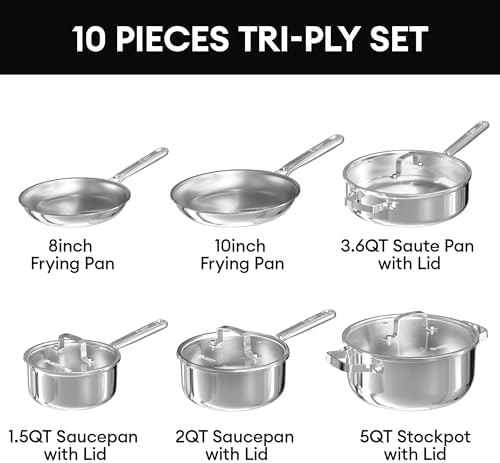 Tri-Ply Stainless Steel Cookware Set, 10pcs Pots and Pans Set Non Toxic