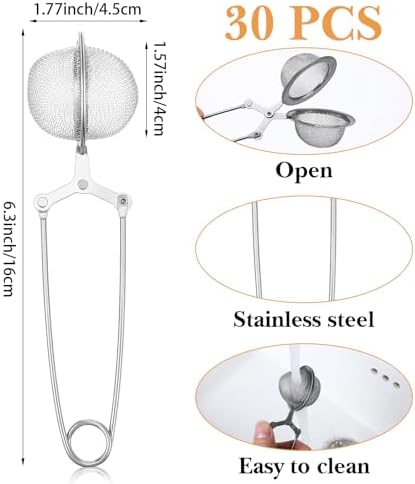 30 Pcs Snap Ball Tea Strainer with Handle, Metal Stainless Steel Fine