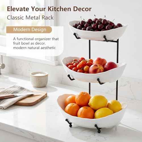 Ceramic Fruit Bowl for Kitchen Counter, 3 Tier Fruit Basket with Metal Stand, Tiered Fruit Stand for Countertop, Snack, Nuts, Cake, Dessert (3 tier)