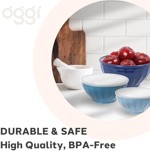Oggi Set of 3 Ribbed Mixing Bowls with Lids - Nested Plastic Bowls for