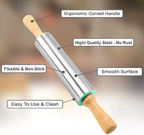 Rolling Pin and Silicone Baking Pastry Mat Combo Kit