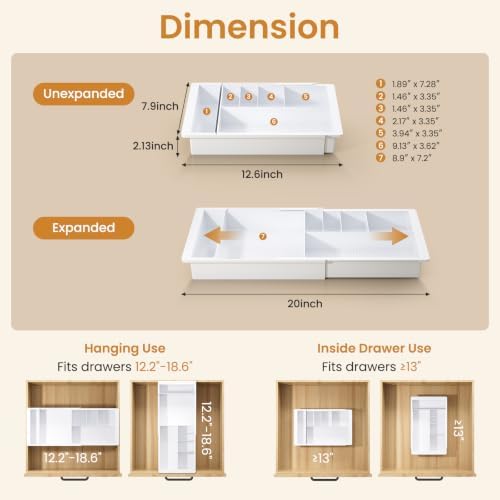 Expandable Drawer Organizer Tray from 11.8" to 19.68", Hanging