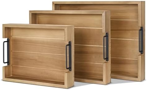 Flexzion Rustic Wooden Serving Trays Set of 3 with Handles, Stackable